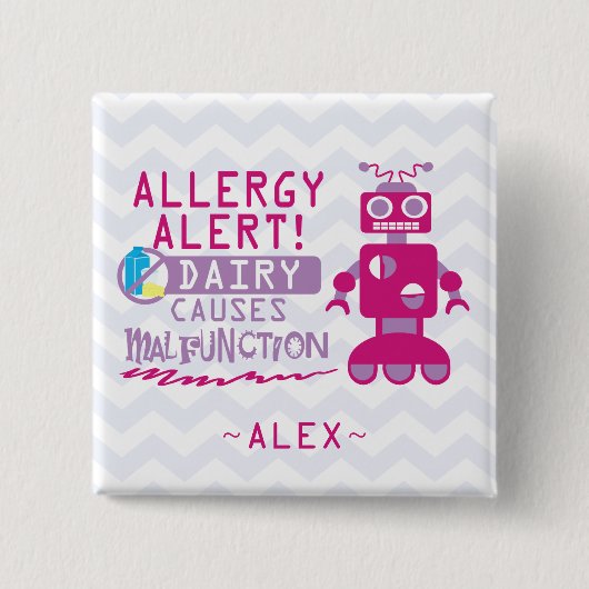 パーソナライズなピンクのロボット酪農場のアレルギー警報Pin 缶バッジ (正面)