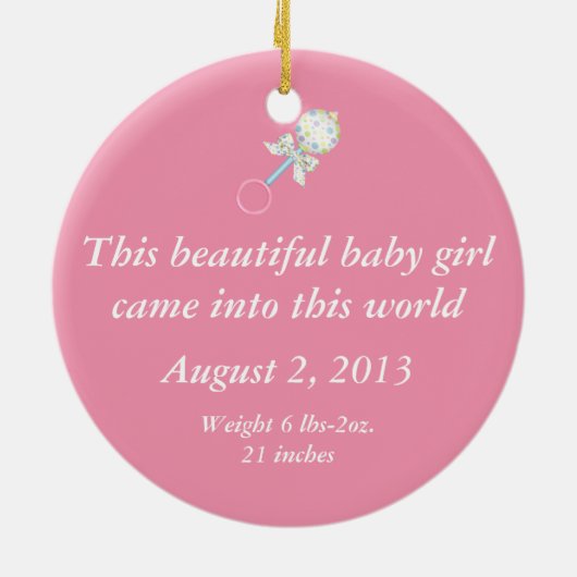 パーソナライズなピンク象のベビーの誕生のオーナメント セラミックオーナメント (裏面)
