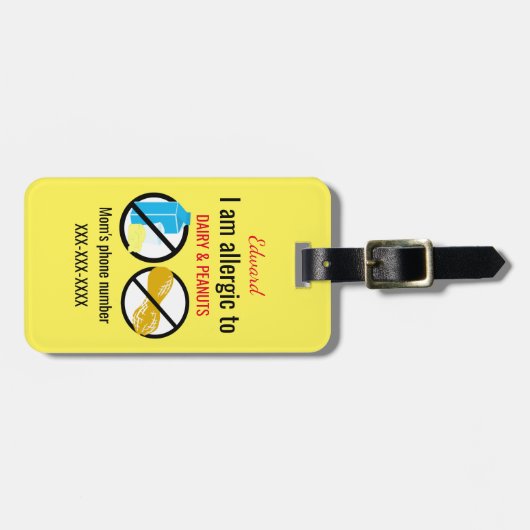 パーソナライズなピーナツおよび酪農場の子供にアレルギー ラゲッジタグ (正面横)