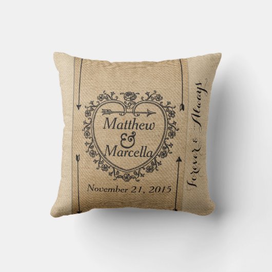 パーソナライズなファンシーなバーラップ記念日の日付のハート クッション (裏面)