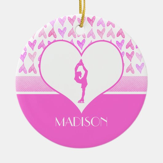 パーソナライズなフィギュアスケート選手のピンクの水彩画のハート セラミックオーナメント (正面)