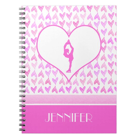 パーソナライズなフィギュアスケート選手のピンクの水彩画のハート ノートブック (正面)