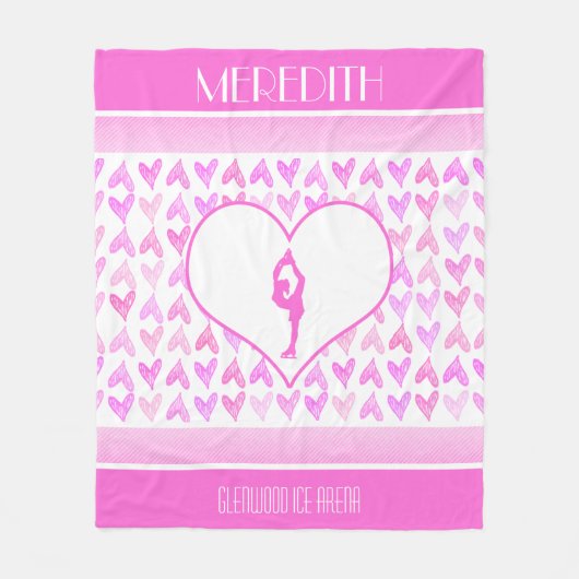 パーソナライズなフィギュアスケート選手のピンクの水彩画のハート フリースブランケット (正面)