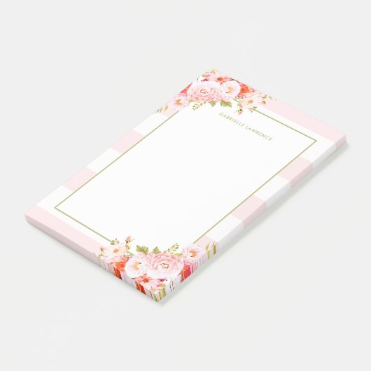 パーソナライズなフェミニンなピンクのストライプおよびシャクヤク ポストイット (アングル)