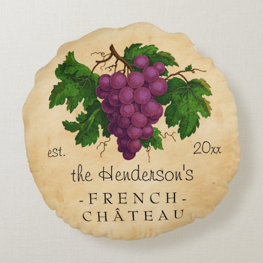 パーソナライズなブドウのヴィンテージのフランスのな館 ラウンドクッション (裏面)