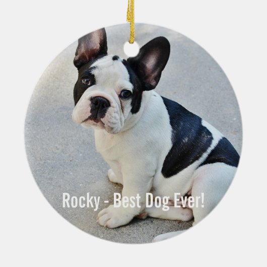パーソナライズなブルドッグの写真およびブルドッグの名前 セラミックオーナメント (裏面)