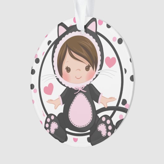 パーソナライズなベビーの第1クリスマスの子ネコ猫の女の子 オーナメント (正面)