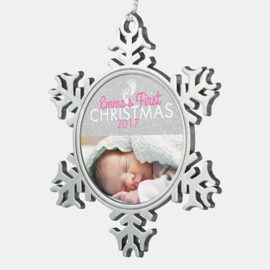 パーソナライズなベビーの第1クリスマスの雪片のオーナメント スノーフレークピューターオーナメント (右)