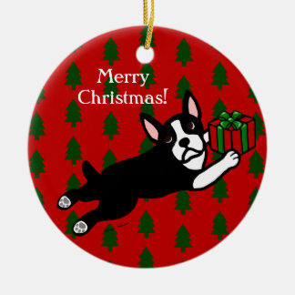 パーソナライズなボストンテリアのクリスマス セラミックオーナメント