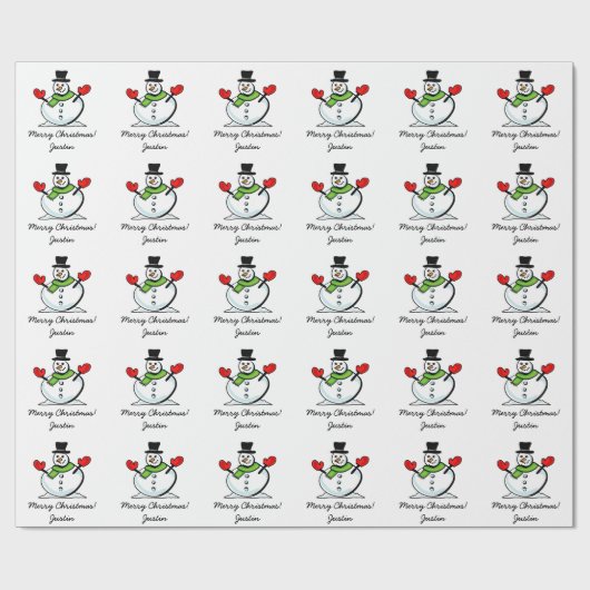 パーソナライズなメリークリスマスのかわいく白い雪だるま ラッピングペーパー (フラット)