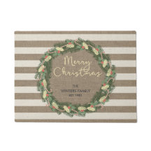 パーソナライズなメリークリスマスのバーラップのストライブ柄のリース