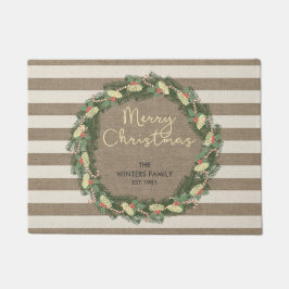 パーソナライズなメリークリスマスのバーラップのストライブ柄のリース ドアマット
