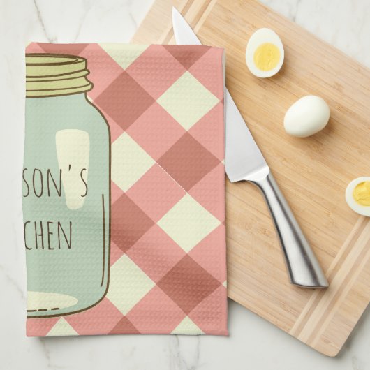 パーソナライズなメーソンジャーの台所タオルの赤のギンガム キッチンタオル (四つ折り)