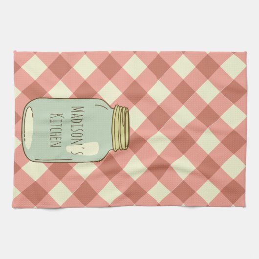 パーソナライズなメーソンジャーの台所タオルの赤のギンガム キッチンタオル (横)