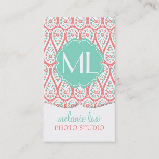 パーソナライズなモダンでエレガントなダマスク織の珊瑚のペイズリー 名刺 (正面)