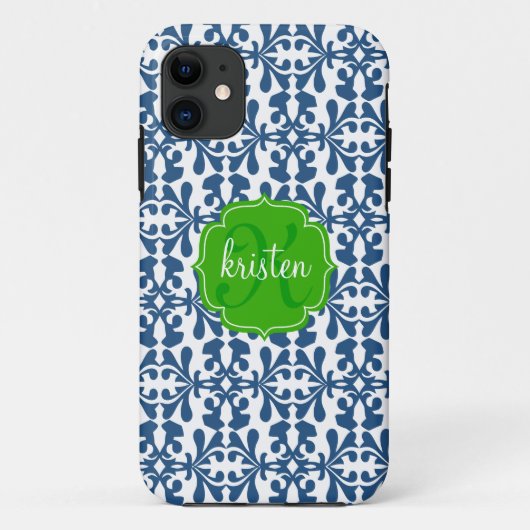パーソナライズなモダンで青いアラベスクのダマスク織の緑 Case-Mate iPhoneケース (裏面)