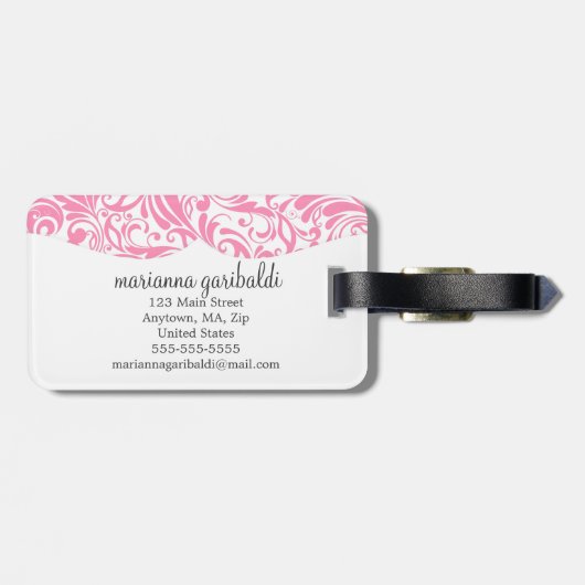 パーソナライズなモダンなダマスク織のピンク ラゲッジタグ (裏面横)