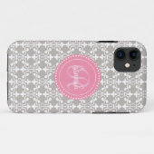 パーソナライズなモダンな灰色およびピンクのダマスク織 Case-Mate iPhoneケース (裏面(横))