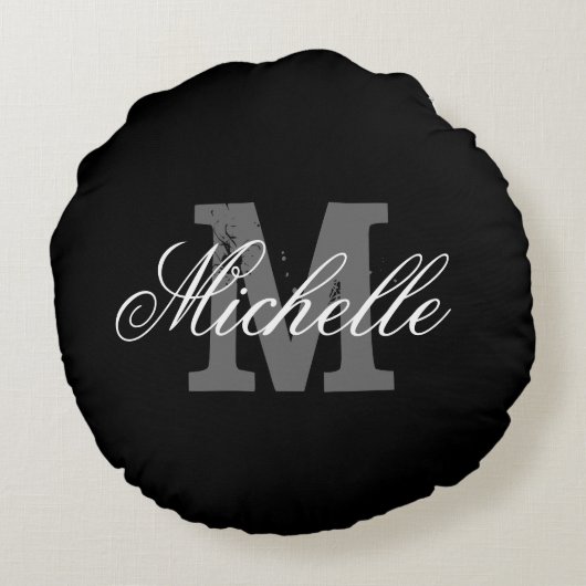 パーソナライズなモノグラムの円形の装飾用クッション|の黒 ラウンドクッション (裏面)