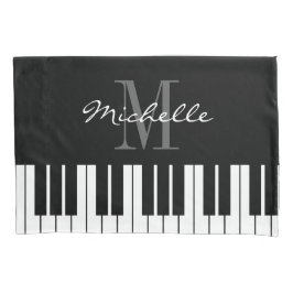 パーソナライズなモノグラムの白黒ピアノ鍵 枕カバー
