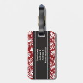 パーソナライズなモノグラムの赤く黒いダマスク織パターン ラゲッジタグ (裏面縦)