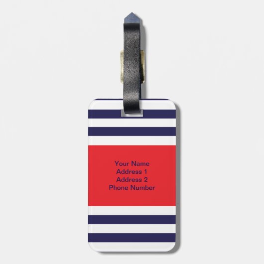 パーソナライズなモノグラムストライプなパターン海軍赤 ラゲッジタグ (裏面縦)