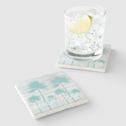 パーソナライズなヤシの木のビーチハウス ストーンコースター (横)