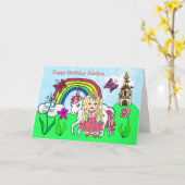 パーソナライズなユニコーンおよびプリンセスの誕生日 カード (黄色い花)