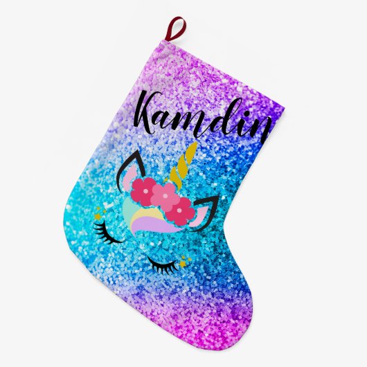 パーソナライズなユニコーンのグラデーションなグリッターのストッキング ラージクリスマスストッキング (正面 (吊り時))