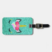 パーソナライズなユニコーンのティール(緑がかった色)のグリッターの荷物のラベル ラゲッジタグ (正面横)
