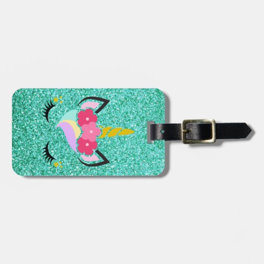 パーソナライズなユニコーンのティール（緑がかった色）のグリッターの荷物のラベル ラゲッジタグ (正面横)