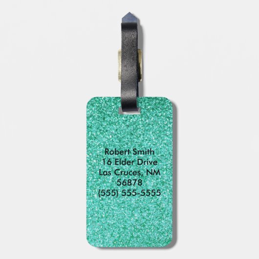 パーソナライズなユニコーンのティール（緑がかった色）のグリッターの荷物のラベル ラゲッジタグ (裏面縦)