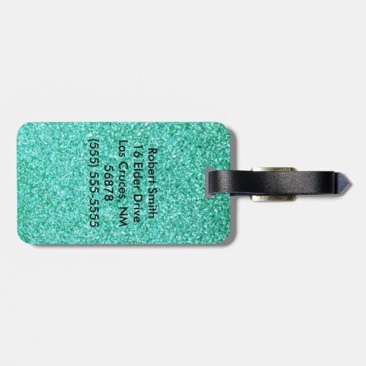 パーソナライズなユニコーンのティール（緑がかった色）のグリッターの荷物のラベル ラゲッジタグ (裏面横)