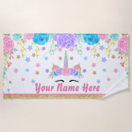 パーソナライズなユニコーンのビーチタオルの花柄の水彩画 ビーチタオル