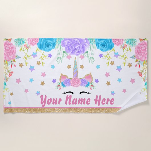 パーソナライズなユニコーンのビーチタオルの花柄の水彩画 ビーチタオル (正面)
