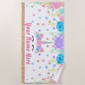 パーソナライズなユニコーンのビーチタオルの花柄の水彩画 ビーチタオル (正面)