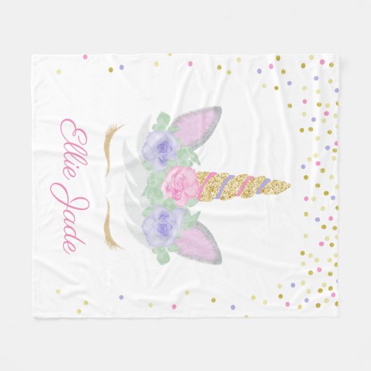 パーソナライズなユニコーンの顔の水彩画は振りかけます フリースブランケット (正面(横))