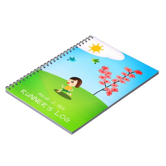 パーソナライズなランナーの丸太を走っている夏の日の子供 ノートブック (左側)