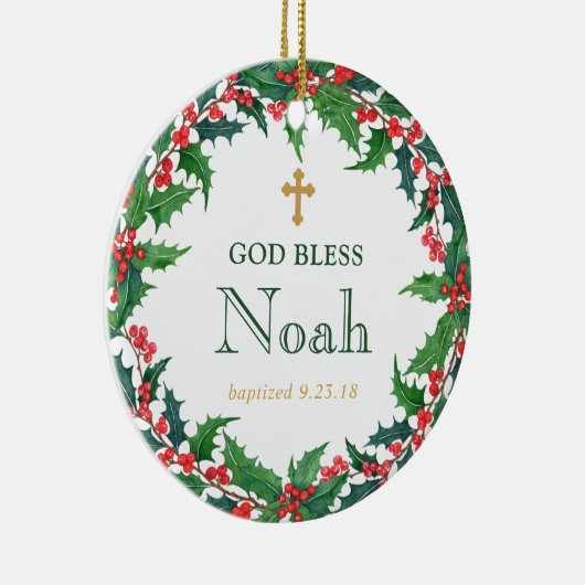 パーソナライズなリースの洗礼のギフトの神は賛美します セラミックオーナメント (右)