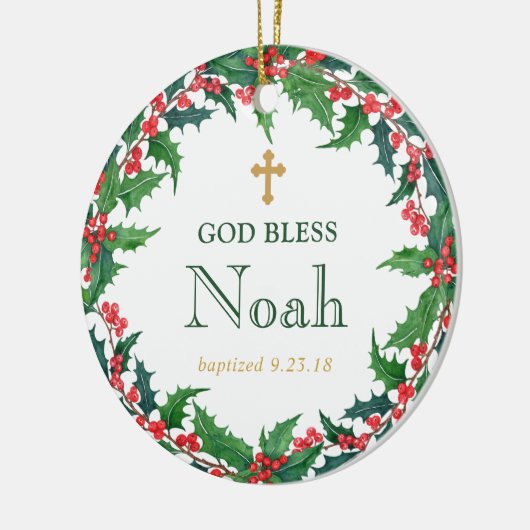 パーソナライズなリースの洗礼のギフトの神は賛美します セラミックオーナメント (左)