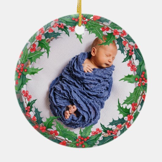 パーソナライズなリースの洗礼のギフトの神は賛美します セラミックオーナメント (裏面)