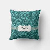 パーソナライズなヴィンテージのターコイズのダマスク織 クッション (裏面)