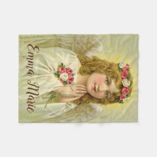 パーソナライズなヴィンテージの天使の祈る数珠 フリースブランケット (正面(横))