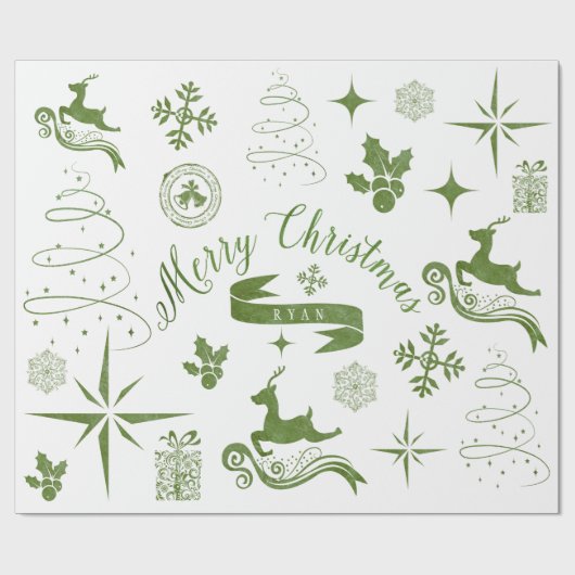 パーソナライズなヴィンテージの緑及びホワイトクリスマスの覆い ラッピングペーパー (フラット)