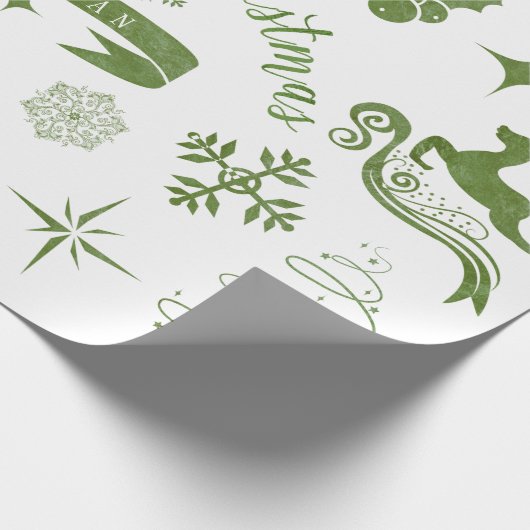 パーソナライズなヴィンテージの緑及びホワイトクリスマスの覆い ラッピングペーパー (角)