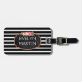 パーソナライズなヴィンテージの花| B&Wのストライプのなモノグラム ラゲッジタグ (正面横)