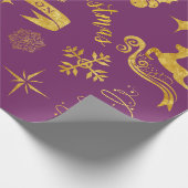 パーソナライズなヴィンテージの金ゴールド及び紫色のクリスマスの覆い ラッピングペーパー (角)