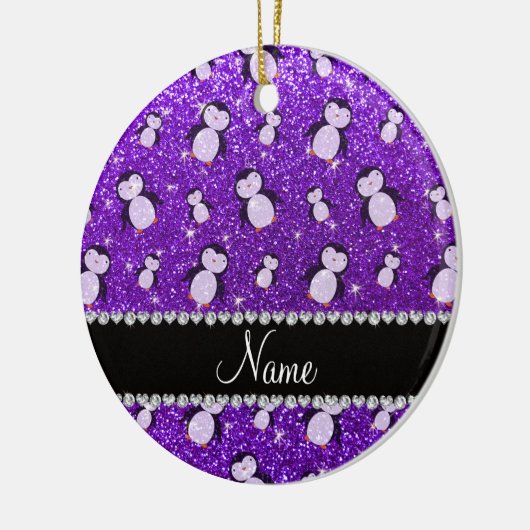 パーソナライズな一流のインディゴの紫色のグリッターのペンギン セラミックオーナメント (左)