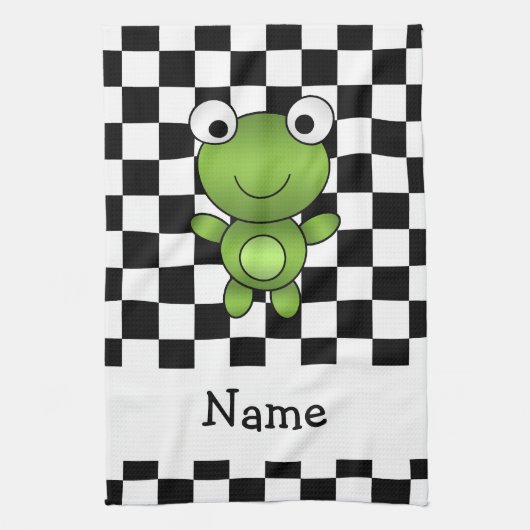 パーソナライズな一流のカエルの白黒チェッカー キッチンタオル (縦)