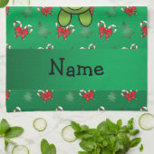 パーソナライズな一流のカエルの緑のキャンディ・ケーンの弓 キッチンタオル (折り畳み)